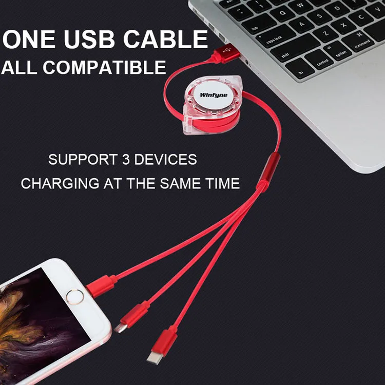 
Custom Logo Universal Retractable 3 in 1 Multi Multiple 3in1 USB Charging Charger Cable 