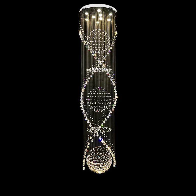 Long Spiral Crystal Chandelier Light Fixture for Lobby Staircase Lustre Stairs Foyer Large Stair Chandeliers Lamp