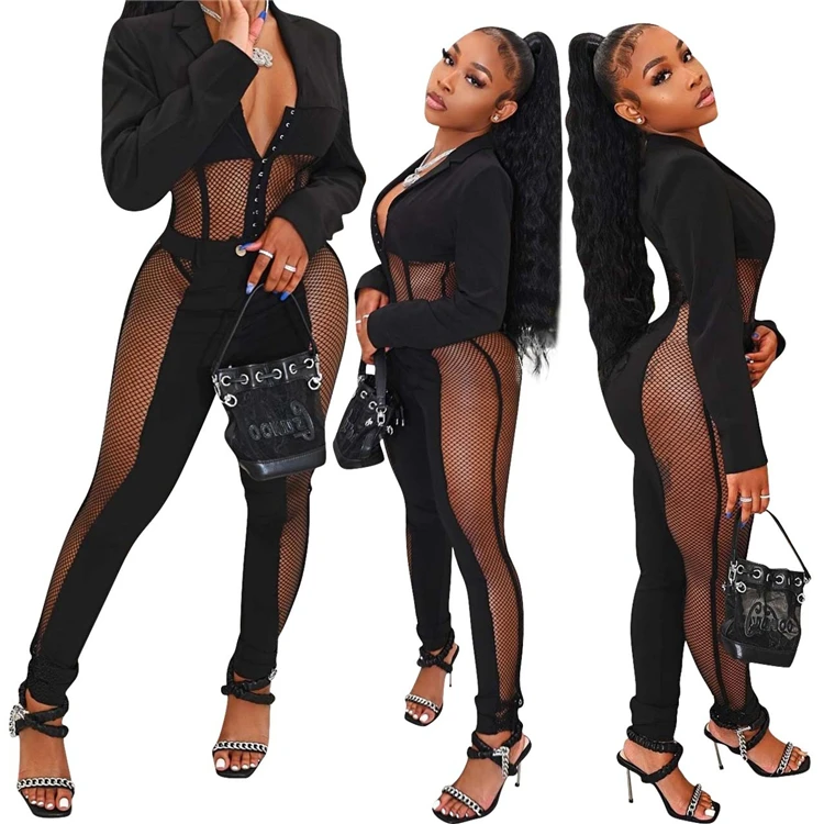 

Newest Design Autumn Sexy NightClub 2 Piece Set Women Clothing Solid Color Mesh Patchwork Bodycon Two Piece Pants Set