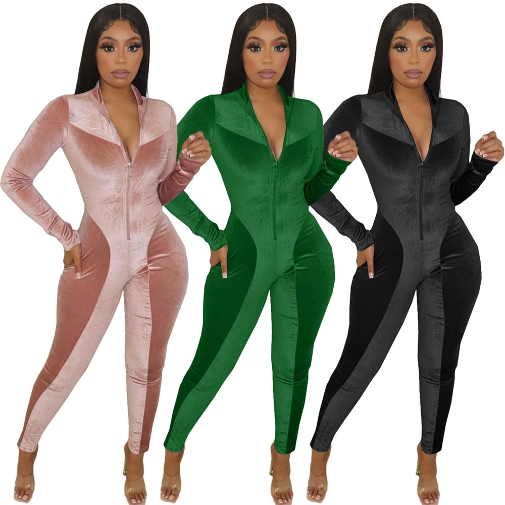 

MD-20101506 Fall Winter Women One Piece Bodysuits Long Sleeve Jumpsuits Rompers Women's Overalls Sexy V neck Velvet Jumpsuit