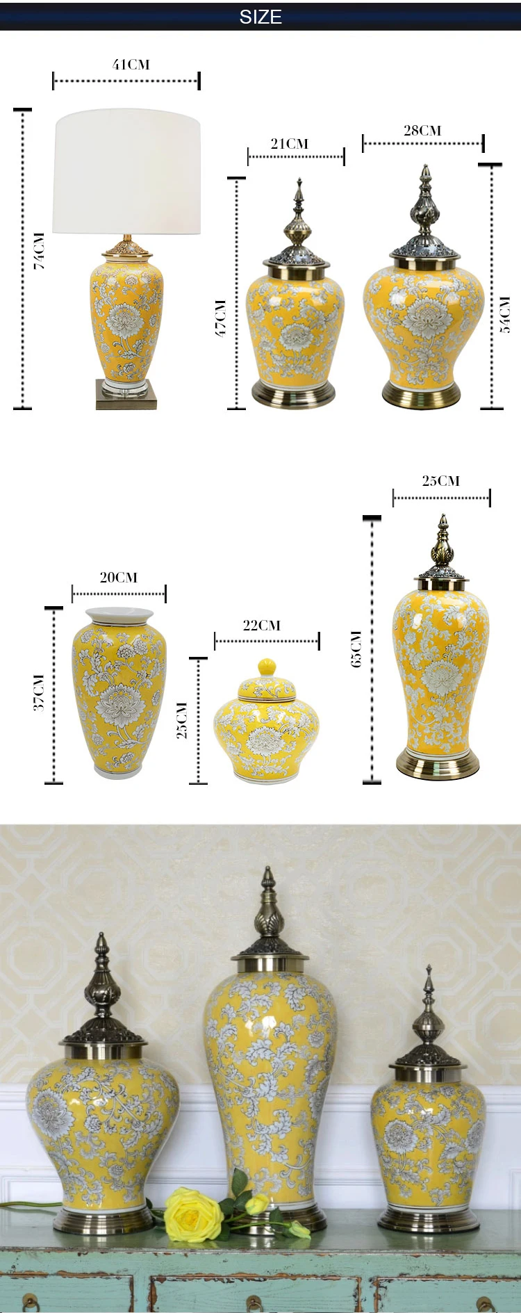 Yellow Porcelain Luxury Chinese Vintage Flower Vase Set Handmade Antique Wholesale Modern