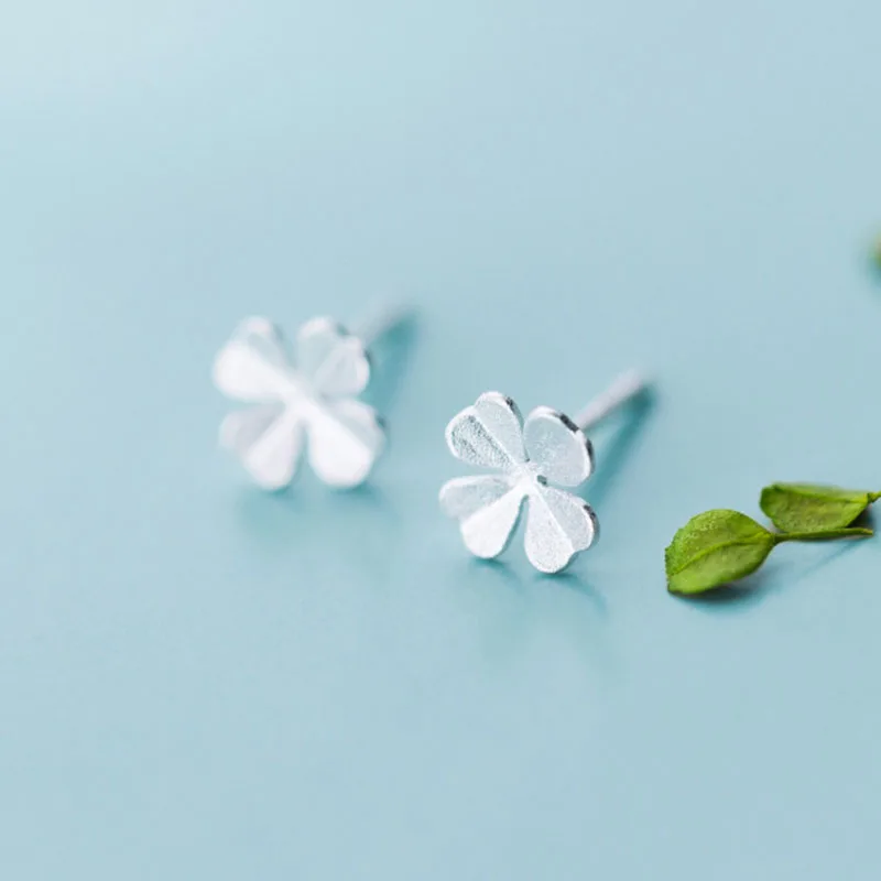 

VIVLADY jewellery 925 sterling silver four leaf flower frosted stud earrings women girl daily wear