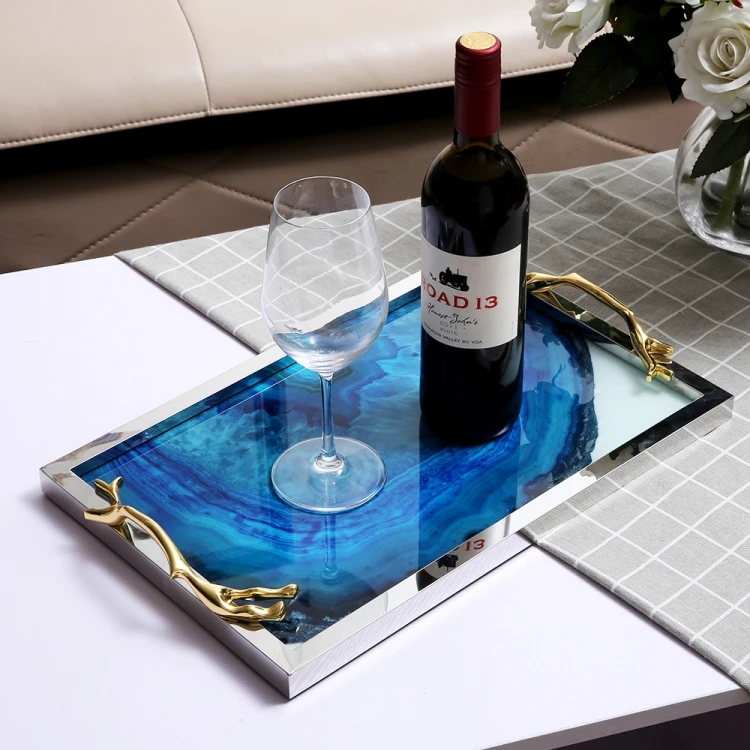 Modern table decoration handle tray gold iron blue agate glass servuing tray