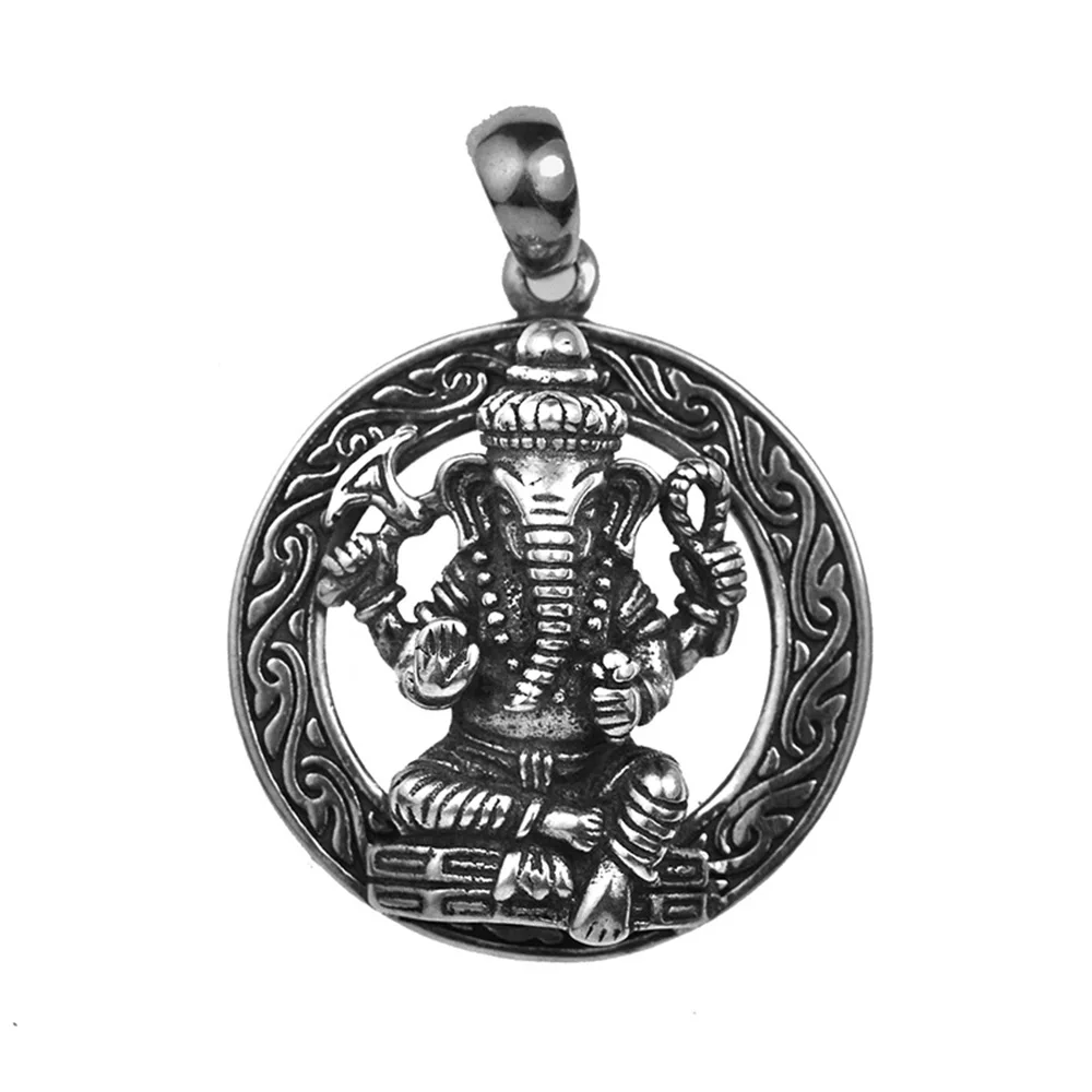 

925 Sterling Silver Ganesha Elephant Pendant For Men And Women Big Round Retro Thai Silver Retro Hindu Buddhist Jewelry Rock