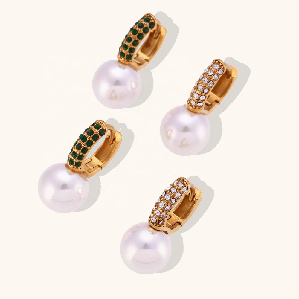 

Dingran New Trending Micro Paved Zircon Imitation Pearl Earrings 18K Gold Plated Stainless Steel Earrings Jewelry