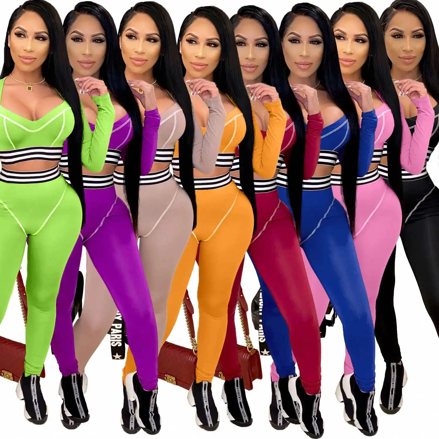 

High Quality Casual Wear Crop Top Women Clothing Two Piece Pants Set For Women 2 Piece Jogger Set Two Piece Set, Pink,red,purple,black,fluorescent green,apricot,blue,orange