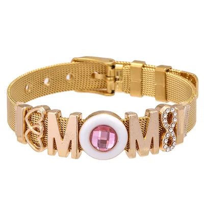 

Newest 18k Real Gold Plated Circle Crystal Mom Strap Bracelet Stainless Steel CZ MOM Letter Watchband Bracelet For Women Gift