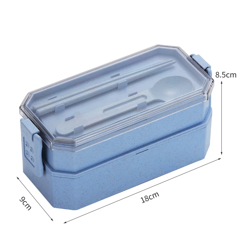 

Wheat And Straw Material Leak Proof 2 Layer Container Food Plastic Bento Student Lunch Box With Spoon And Chopsticks, Beige/green/blue/pink