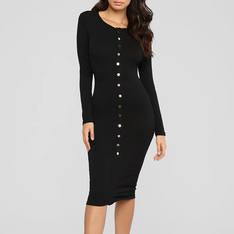 

2020 New Arrival Sexy Women O Neck Button bodycon fashion Long cotton ladies casual dresses