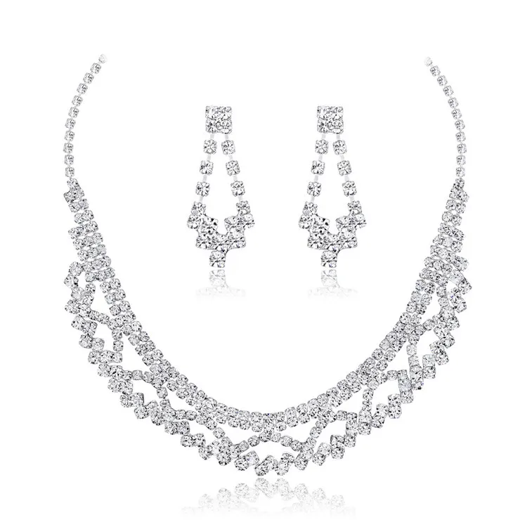 

HOVANCI Party Chandelier Dangle Earrings Costume Silver Tone Crystal Dazzled Chandelier Necklace Jewelry Set For Bridesmaid, As picture