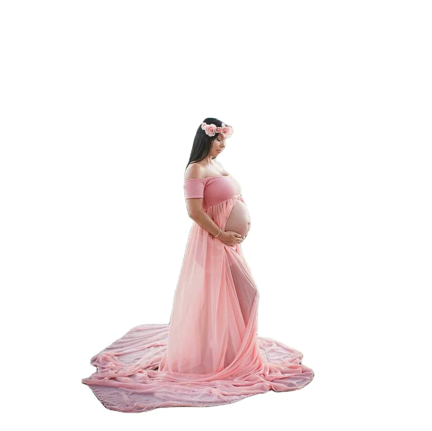 

Women Fashion Pregnant Women Chic Vogue Patchwork Casual Short Sleeve Floor Length Loose Chiffon Maternity Dress