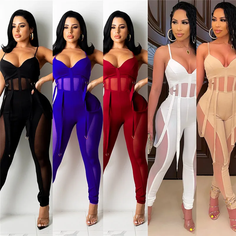 

Hot sale autumn deep V-neck sling jumpsuit new sleeveless backless bodycon sexy playsuits for woemn, Picture