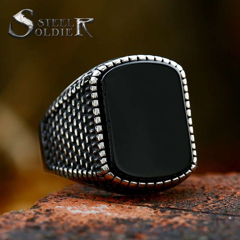 

SS8-988R Fashion Stainless Steel Black Onyx Agate Ring Couple Finger Ring High Quality Vintage Jewelry Wholesale Factory