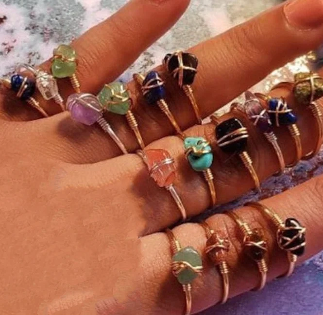 2023 trendy irregular handmade natural stone crystal wired gemstone rings adjustable