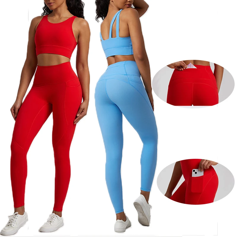 

Good Quality Workout Training Wear High Neck Shockproof Strap Sports Bra Side Pocket Leggings Two Piece Yoga Fitness Sets Women