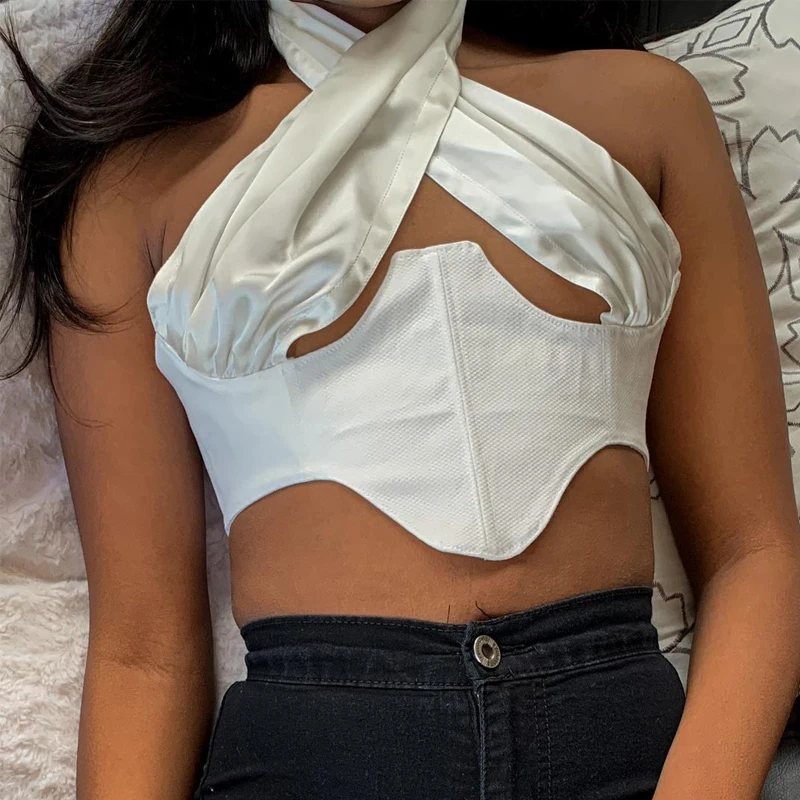 

Silk Bandage Tie Up Sleeveless Hollow Out Crop Top 2020 Female Sexy Style Clothing Women Streetwear Club Party Tanks