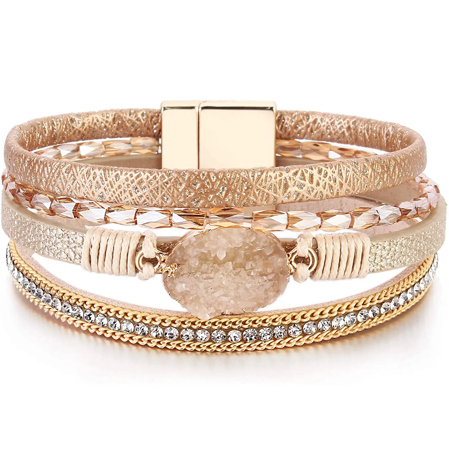 

Leather Wrap Bracelet Boho Cuff Bracelets Crystal Bead Bracelet with Clasp Jewelry Gifts for Women Teen Girls