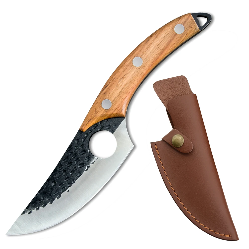 

High Quality Razor Sharp Full Tang  Outdoor Hunting Fixed Blade Butcher Skinning Knives Curved Knife With Leather Sheath