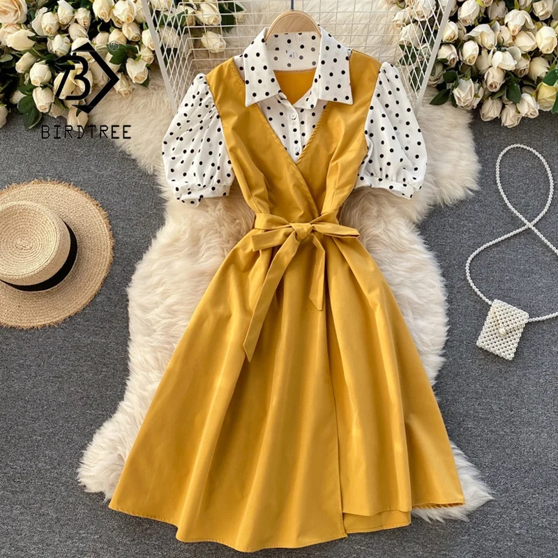 

Summer Women's Elegant A-line Patchwork Midi Dress High Waist Turn-Down Collar Short Puff Sleeve Dresses With Belt B14803X
