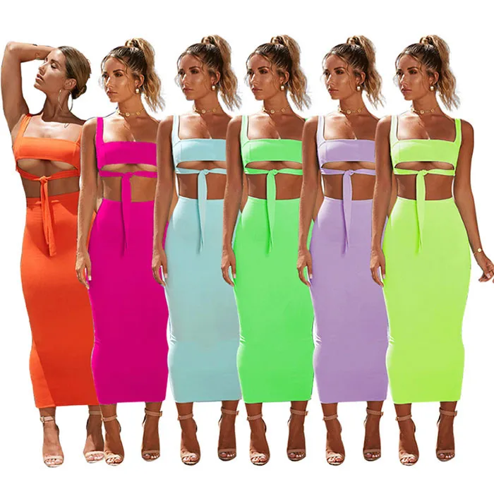 

FS1308D women Halter Sleeveless Maxi Dress Crop Top and Skirt Outfit Matching Sets Two Piece set dresses