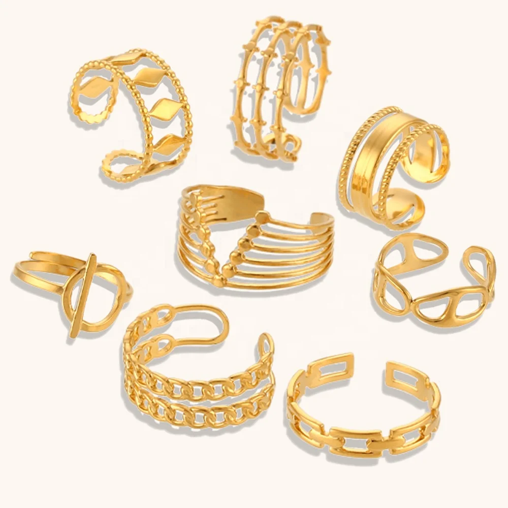 Ding Ran Unique Design Multilayer Hollow Out Zircon Leaf Rings Stainless Steel Gold Plated Rings Set For Women