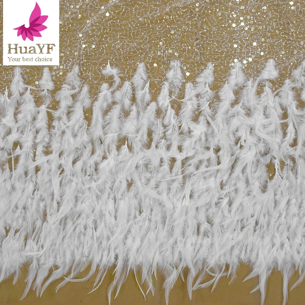 

2022 white feather lace fabric sparkle sequins beaded wholesale price laces fabrics for women HY1339