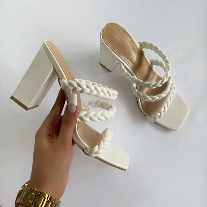 

European and American fashion woven square toe solid color thick heel high heel sandals women, Black,white or customized