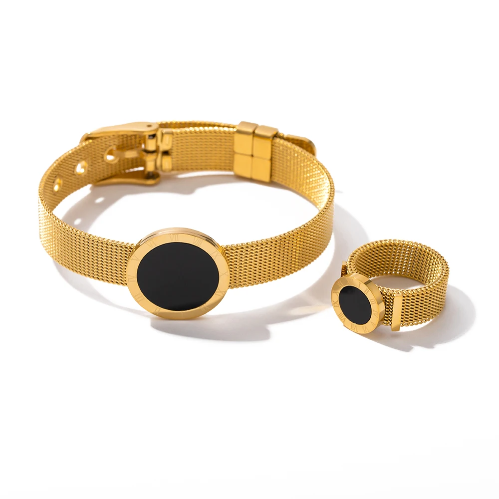 

18k Gold Plated Adjustable Strap Wide Belt Black Round Roman Watch Shaped Bracelet Ring Set Stainless Steel