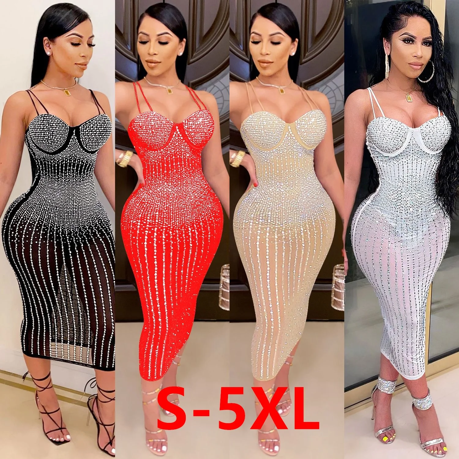 

2021 summer latest plus size women's dresses sexy sleeveless elegant rhinestone lady long slip see-through party dress for women, Customized color