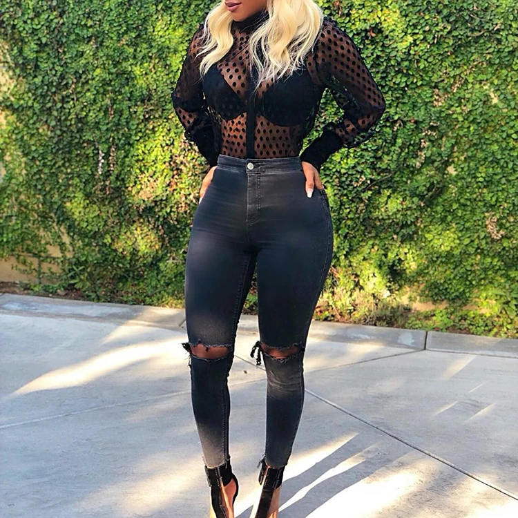 Perspective Polka Dot Blouse See Through Black Shirt Women