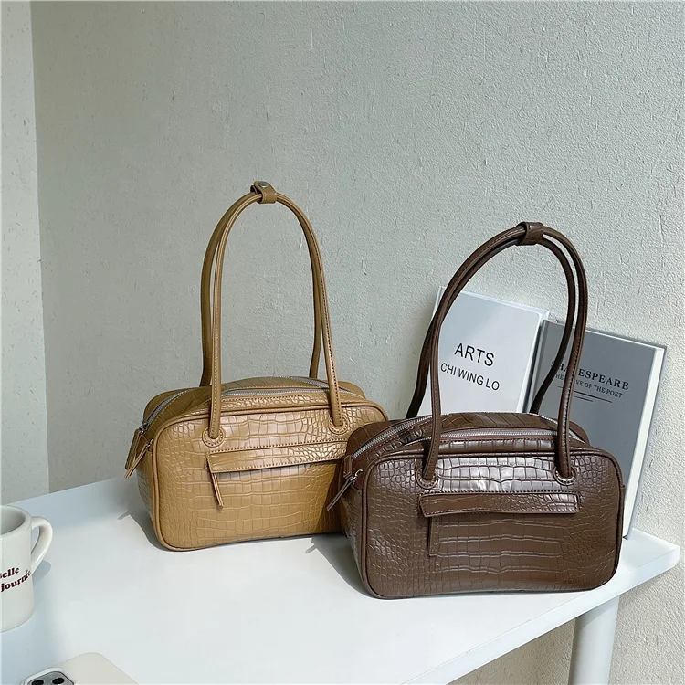 

Korean women's bag new large capacity winter shoulder bag fashion plain popular small square bag crocodile pattern 2 layer tote