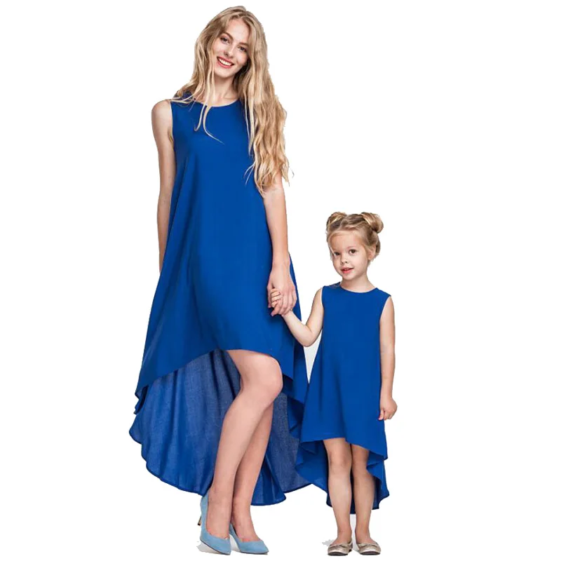 

Newest wholesale family matching clothes sleeveless solid color blue dress for mother and daughter