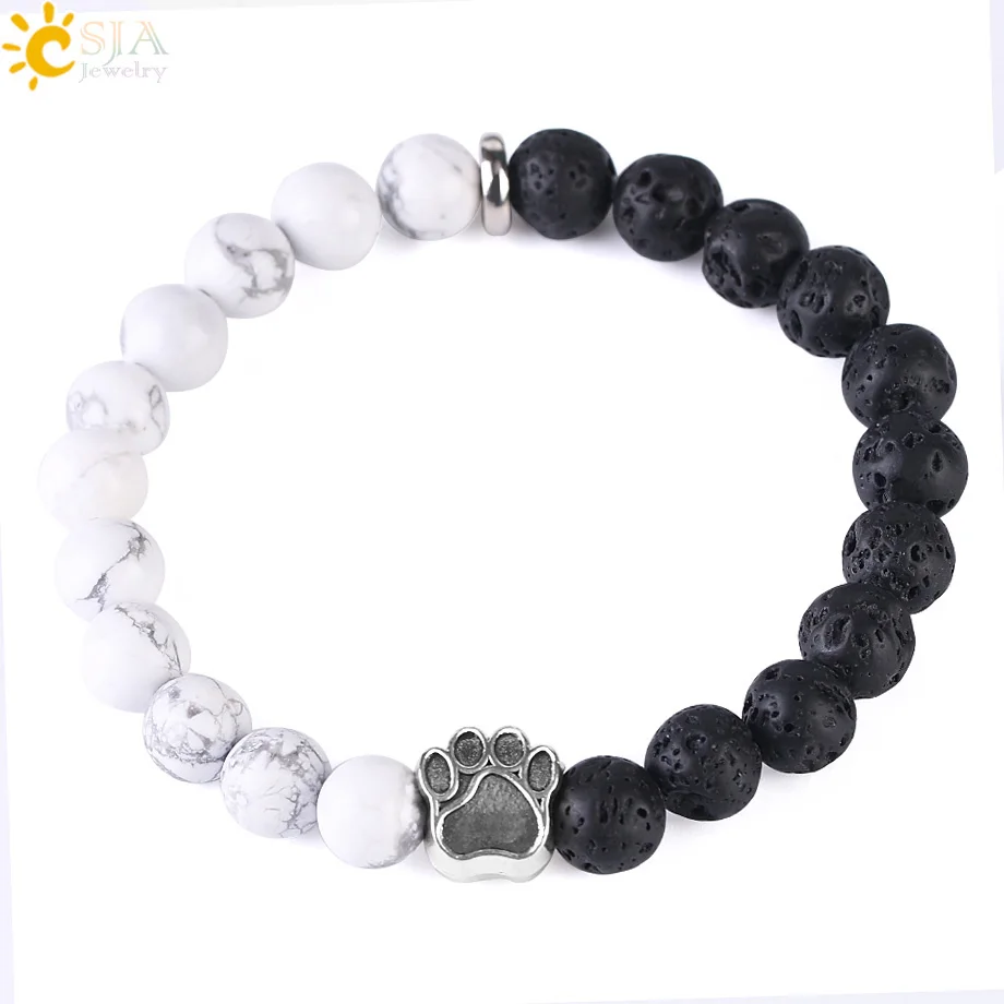 

CSJA new silver plated bear paw 8mm natural lava stone white turquoise lucky beads bracelet for women men jewelry F448
