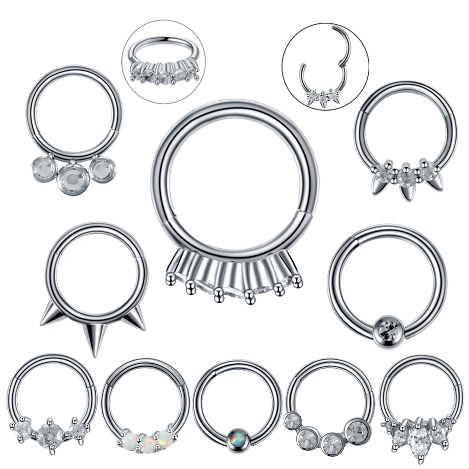 

Fashion Style Surgical Steel Opal Nose Clicker Piercing Septum Ring CZ Hinged Segment Hoop Ring Helix Cartilage Piercing Jewelry