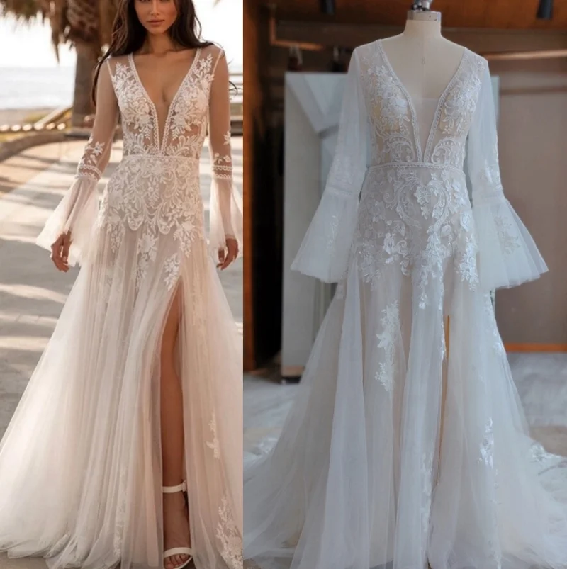 

9358#Boho Lace Wedding Dresses 2021 Beach Side Slit Bridal Dress V-Neck Sweep Train Flare Sleeves Bohemian vestidos de noiva