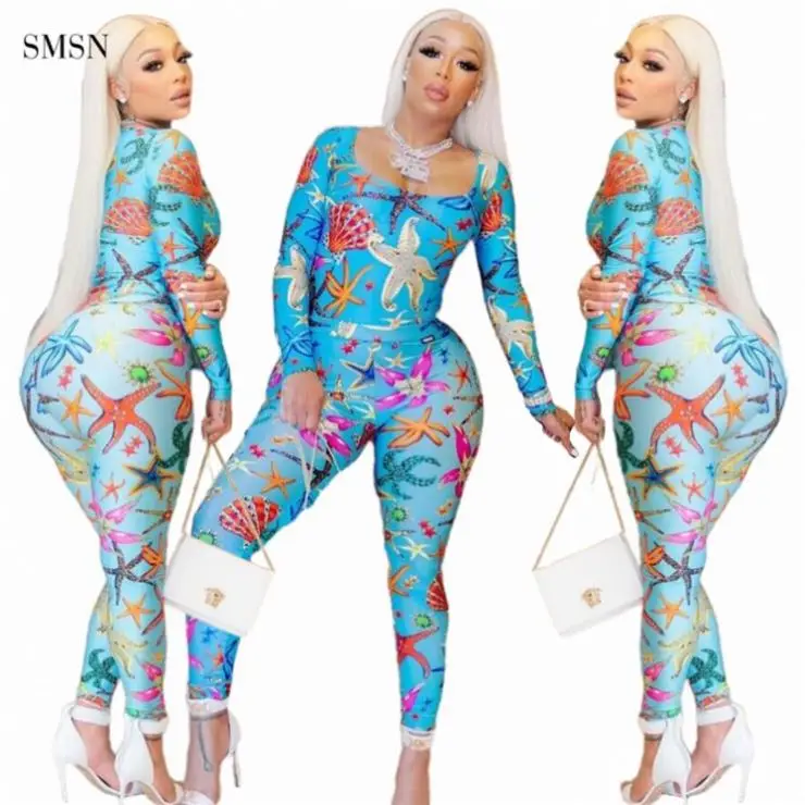 

Latest Design Fashion Ocean Printing Casual Streetwear Bodycon Two Piece Pants Set Sexy Two Piece Set