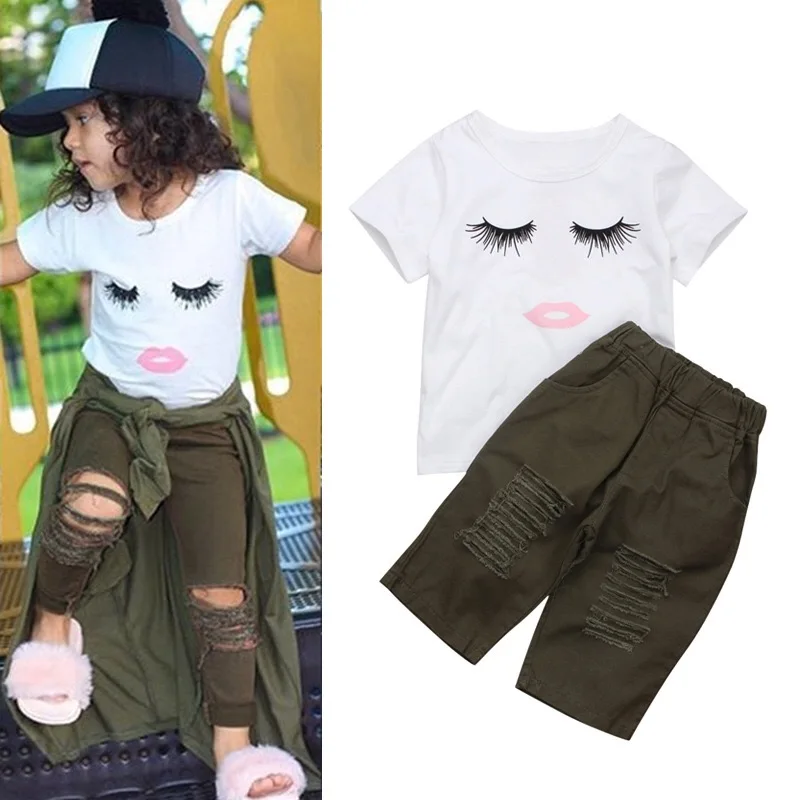 

fashion summer hole pants girl boutique clothing set, Customized