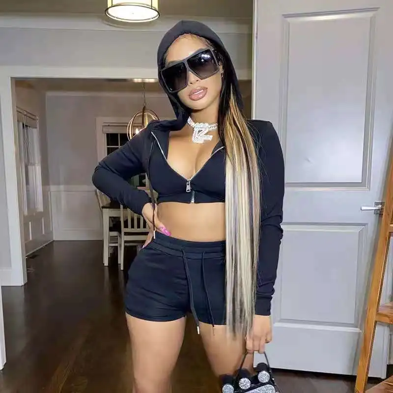 

Fall 2021 woman clothing 2 piece shorts sets hooded crop tops autumn full sleeve zipper outfits drawstring tracksuit for women, Picture color