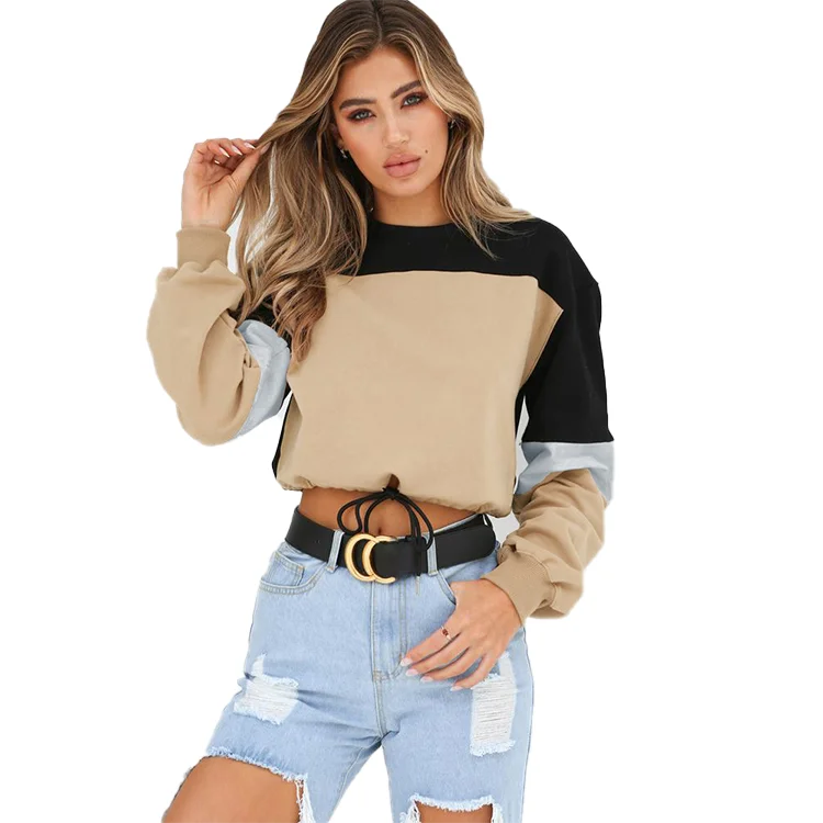 

women pull over cut and sew crew neck belt sports crop top sweatshirt for girl