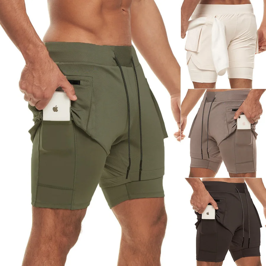 

custom gym shorts men Quick Dry Sweat Gym Short With Towel Hanger Polyester Training men shorts 2 in 1