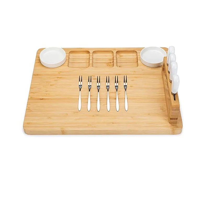 

Bamboo cheese board contains two ceramic plates, six stainless steel fruit forks and four ceramic knives, Natural bamboo color