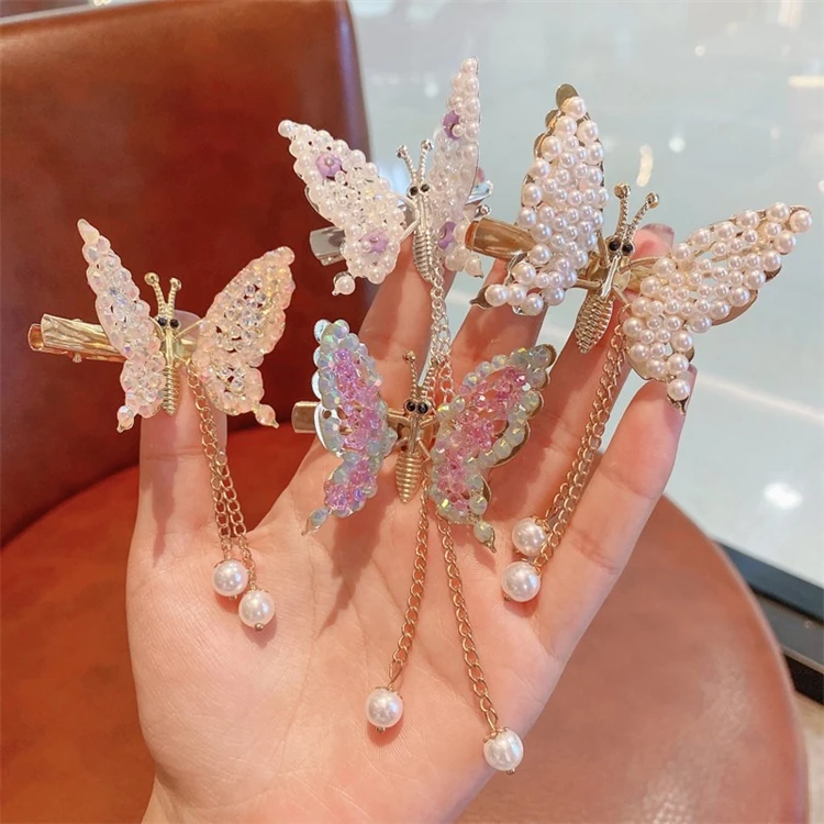 

Ladies 3d gold silver metal tassel hair accessories barrettes hairclips small mini wings moving butterfly hair clips for girls