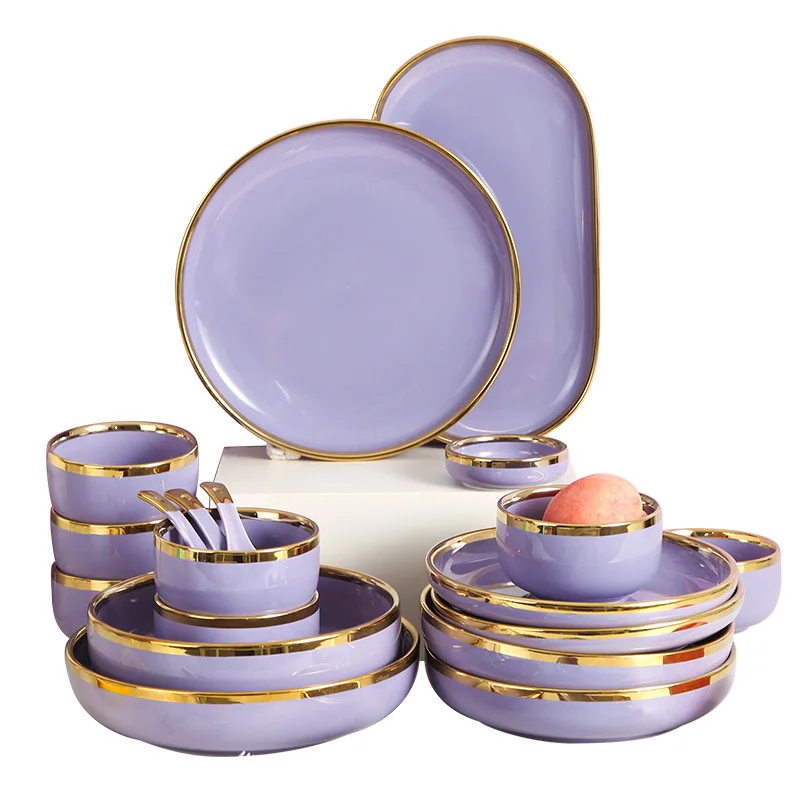 

Nordic style ceramic western dishes bowl spoon plate with golden rim purple tableware set, Customized color