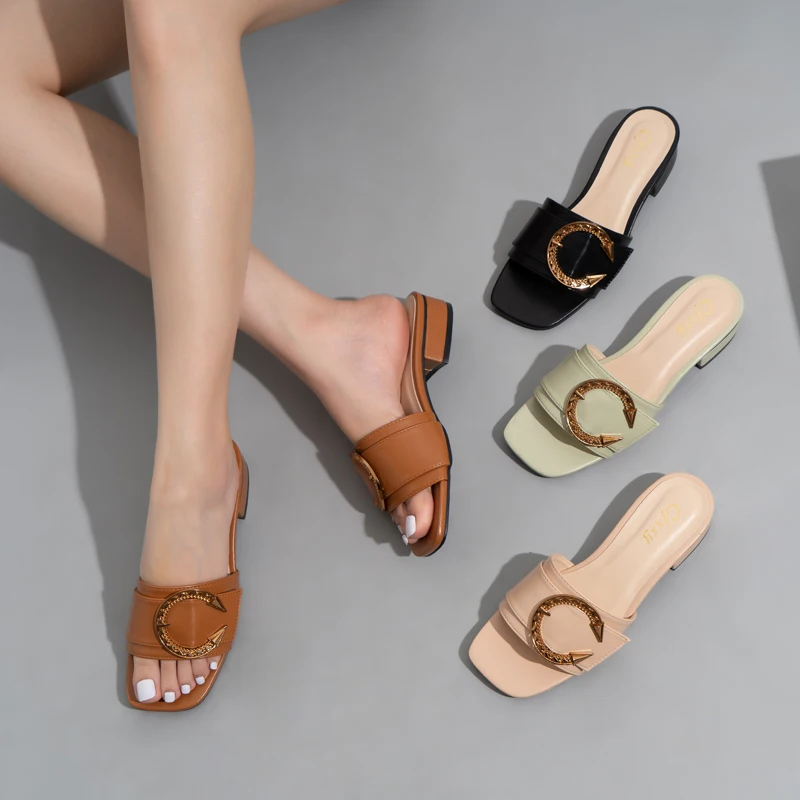 

New Fashion Cheap Ladies Flat Slippers Summer Beach Casual Square Toe Slides Slippers For Women, Black,beige,brown,green