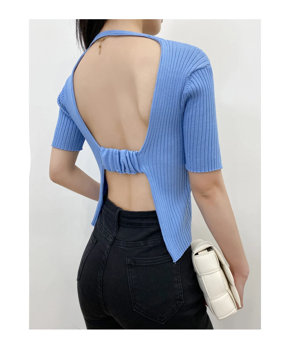 

Women Sweater Knitted Causal solid rib knit with Crew neck short sleeve women pullover backless sweater