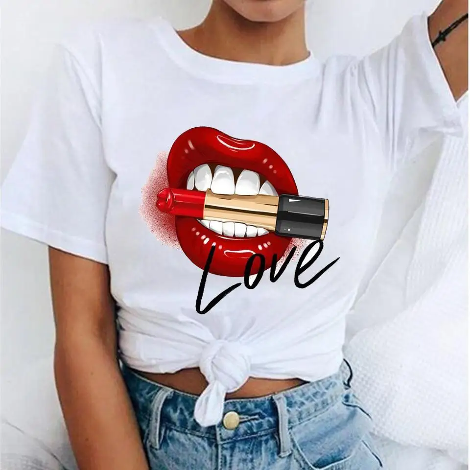 

Women 3D Print Lip T Shirts Short Sleeve Women T shirt All-match White Tee Funny Girls T Shirts