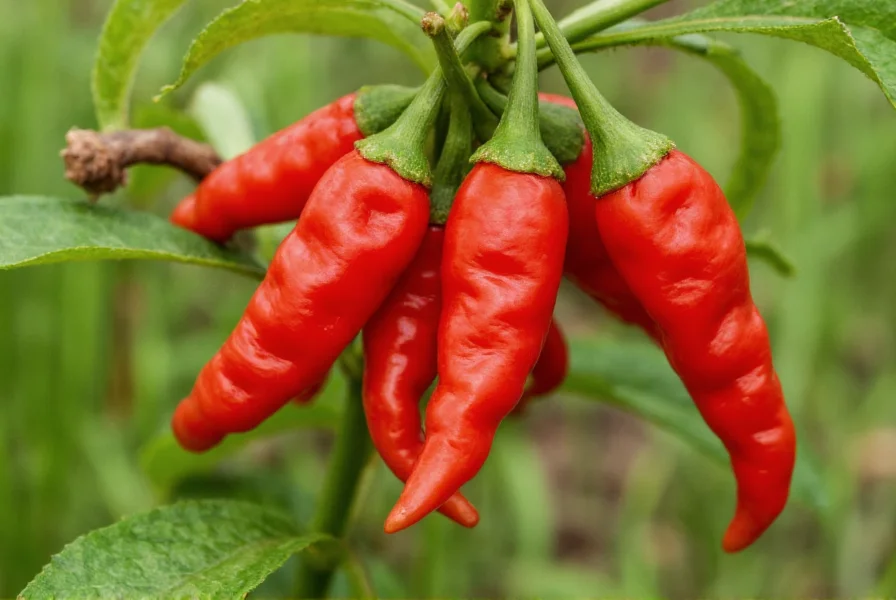 Close-up view of Armageddon pepper pods showing their distinctive wrinkled texture and vibrant red color on plant