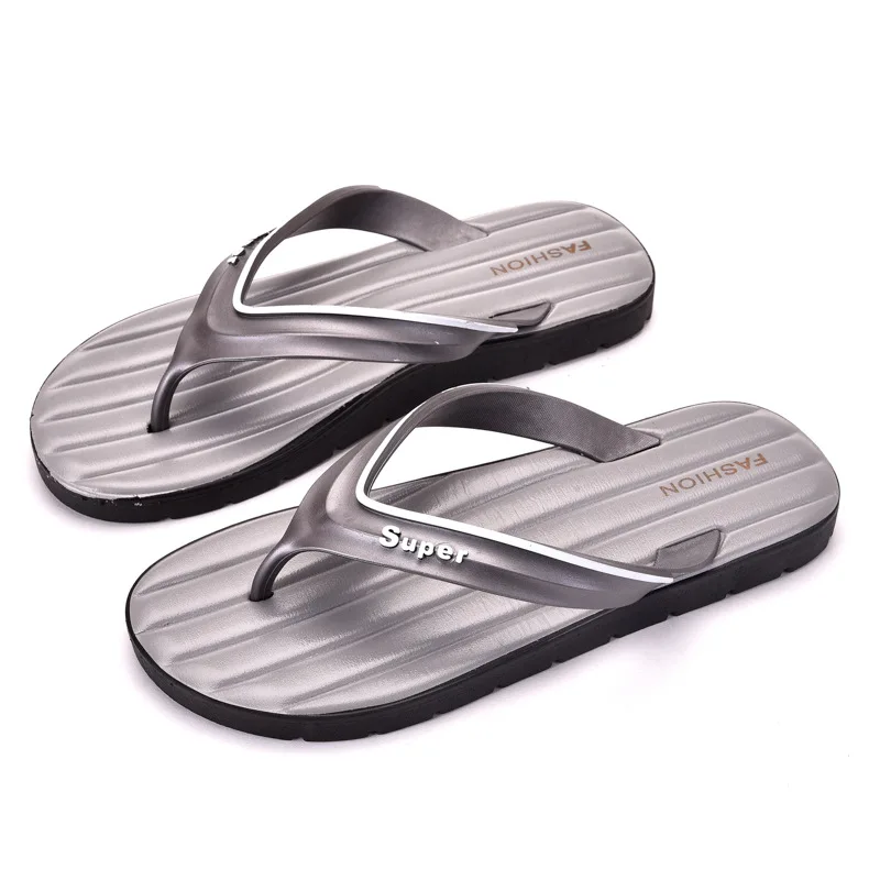 

2021 New Summer Fashion PVC Outdoor Straps Slippers Soft Rubber Nude Casual Summer Beach For Men Flip Flops, Black and grey