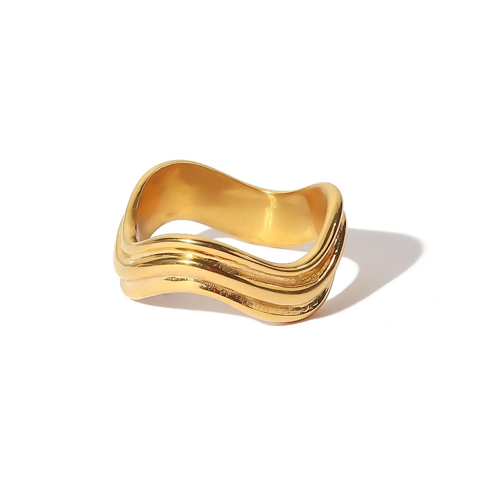 

Dainty Stacking Waterwave Layer Waterproof 18K PVD Gold Plated Stainless Steel Ring Jewelry