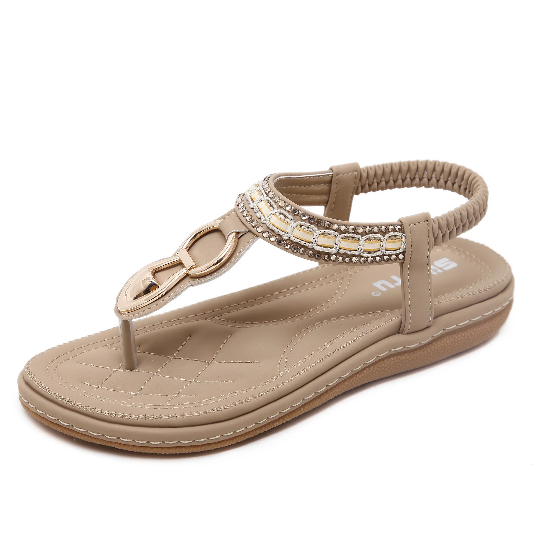 

S582 cross-border beach seaside metal rhinestone flat large size wholesale women's shoes Sandals